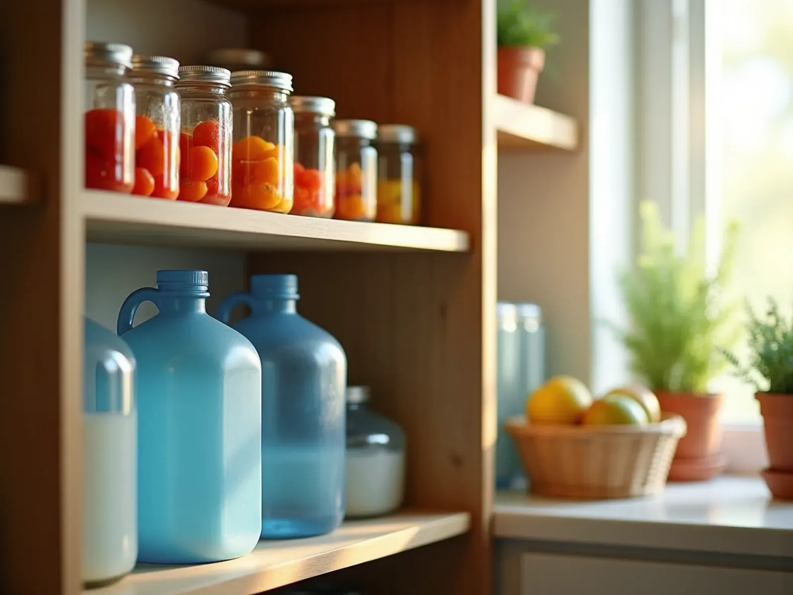 Pantry shelves with blue water jugs on the bottom and jars of home-canned fruit and tomatoes above, beside a sunny window.